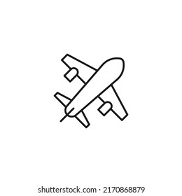Travel, tourism, holiday, vacation sign. Minimalistic vector symbol drawn with black thin line. Editable stroke. Vector line icon of flying airplane 