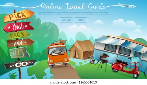 Travel tourism horizontal banner with conceptual background outdoor camping winniebago camper vans tent and learn more buttons vector illustration