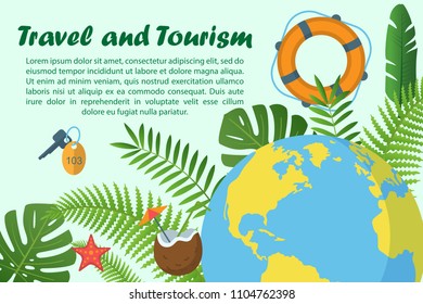 Travel and tourism horizontal banner with Earth symbol with tropical plants leaves vector illustration. Lifebuoy keys cocktail colorful icons. Flat design for booklets flayers website with copy space