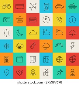 Travel, tourism, hotel and weather icons, set 1