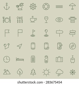 Travel, tourism, hotel and weather thin line icons with circles, set 2