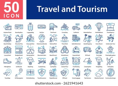 Travel and Tourism Icon Collection Set and Outline Color