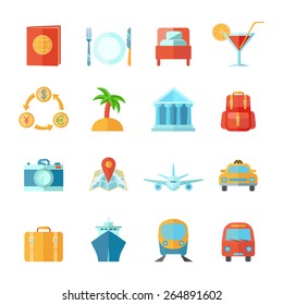 Travel and tourism icon flat set wth passport cocktail baggage landmark isolated vector illustration