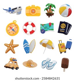 Travel Tourism icon set 3d render concept of Trip Holiday Vacation Planning World Tour Travel and Transport vector illustration