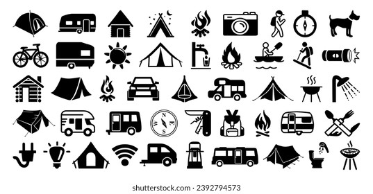 Travel and tourism icon set collection with camping design elements.
