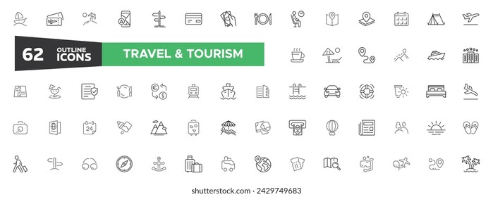 Travel and tourism icon set. Travel icon collection. Traveling, tourism, beach, mountain, camping, resorts, hotel.