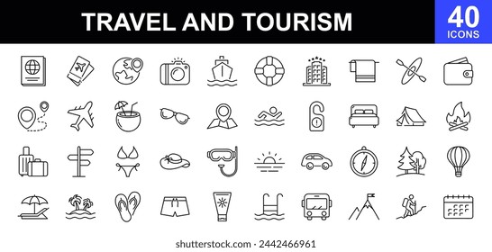 Travel and tourism icon set. Contains such icons as luggage, passport, sunglasses, travel, hotel, tourism, beach, plane, map, airport, tickets, tour, relax, service and more. Vector Illustration