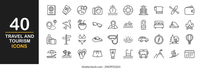 Conjunto de iconos de viajes y turismo. Contiene iconos como equipaje, pasaporte, gafas de sol, viaje, hotel, turismo, playa, avión, mapa, aeropuerto, entradas, tour, relax, servicio y más. Ilustración vectorial