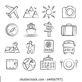 Travel and tourism icon set in doodle style