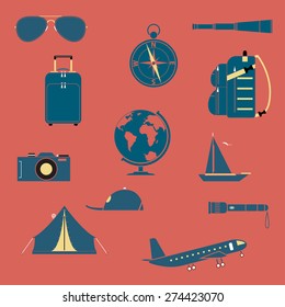 Travel and tourism icon set. Each icon is a single object.Flat style