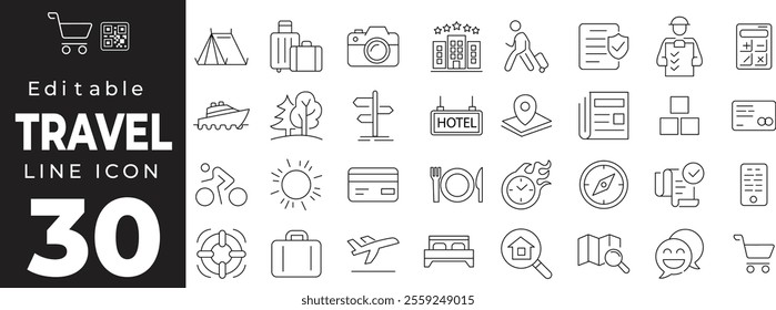 Travel and Tourism icon set with editable stroke. Travel and vacation thin line icon collection. Vector illustration