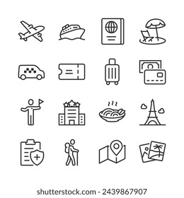 Travel and Tourism, icon set. Explore the World. Journey Essentials. Airplane, Cruise ship, Taxi, Ticket, Guide, Hotel, Landmark, Hiking. Everything for a perfect vacation. Line with editable stroke