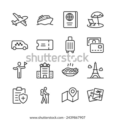 Travel and Tourism, icon set. Explore the World. Journey Essentials. Airplane, Cruise ship, Taxi, Ticket, Guide, Hotel, Landmark, Hiking. Everything for a perfect vacation. Line with editable stroke