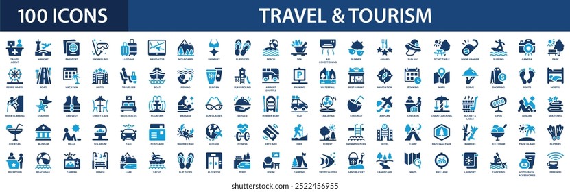 Conjunto de ícones de viagem e turismo. Hotel, avião, viagem, praia, passaporte, acampamento, verão.