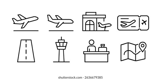Travel and tourism icon set. linear style for trip planning, airport, map, ticket