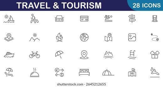 Travel and tourism icon set. Travel and tourism linear icon set with editable stroke. Included icons as hotels, tourism, airplane, trip, beach, passport, summer vacations, etc. Vector illustration.