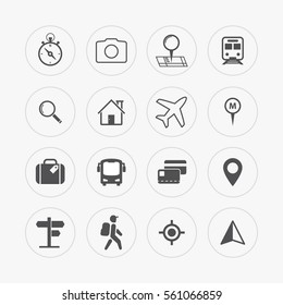 Travel and tourism icon set. Location, navigation, searching, transportation. Vector line icons in flat style