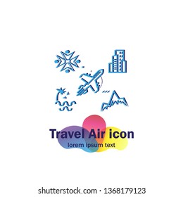 Travel And Tourism Icon Set. A Schematic Representation Of An Airplane Heading For The Sea, The Mountains, The City, As Well As Conferences Or The Community. Each Icon Is A Separate Object.