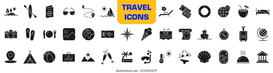 Travel and tourism icon set. Silhouette style. Travel and vacation icon set.