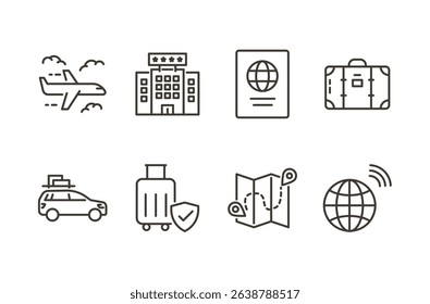 Travel and tourism icon set. Thin line editable stroke icons for trip planning, vacation, hotel booking, transportation, passports, luggage, maps, summer holidays and travel safety
