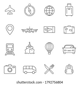 Travel and tourism icon set in trendy linear style. Contour symbol. Vector isolated outline drawing.