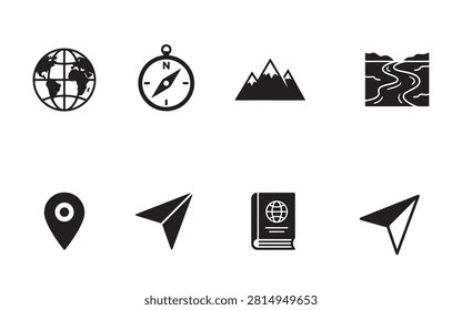 Travel and tourism iconography set featuring navigation and adventure symbols navigation adventure mountain
