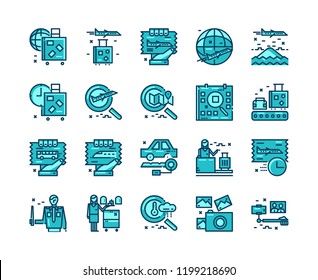 Travel and tourism icons. Blue flat thin line icons. 