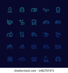 Travel, tourism icons, journey, trip, tour, vacation, cruise, outdoor activities, line vector set