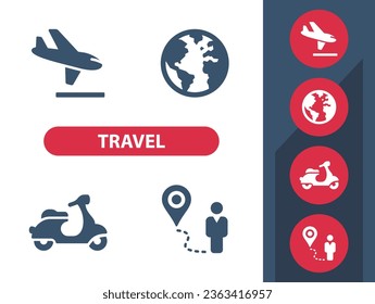Travel, Tourism Icons. Plane, Earth, Globe, Scooter, Tourist. Professional, pixel perfect vector icon