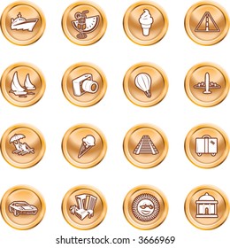 Travel and tourism Icons. A series of icons relating to vacations, travel and tourism. No meshes used. Raster version