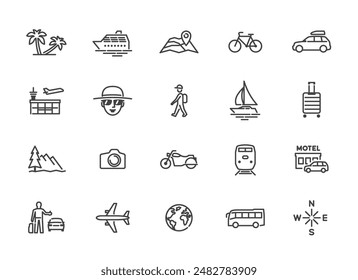 Travel and tourism icons set. Web design elements in contour. Line pictograms collection. Vector illustration