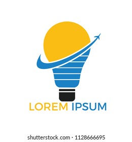 Travel and tourism idea concept design. Lightbulb and airplane symbol or icon. Unique idea and flight logotype design template.