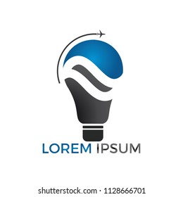Travel and tourism idea concept design. Lightbulb and airplane symbol or icon. Unique idea and flight logotype design template.