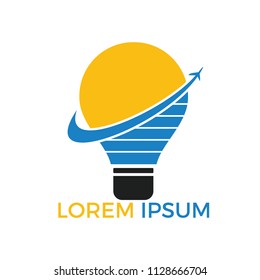 Travel and tourism idea concept design. Lightbulb and airplane symbol or icon. Unique idea and flight logotype design template.