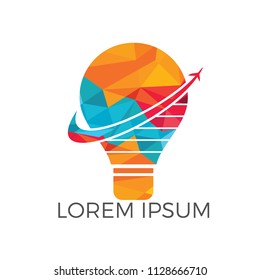 Travel and tourism idea concept design. Lightbulb and airplane symbol or icon. Unique idea and flight logotype design template.