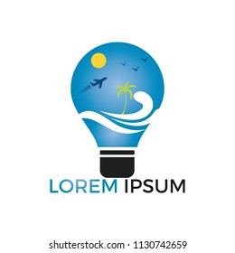Travel and tourism idea concept design. Lightbulb and airplane symbol or icon. Unique idea and flight logotype design template.