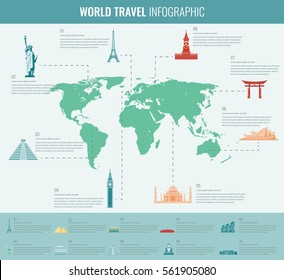 Travel and Tourism. Infographic set with world map and landmarks. Vector 