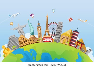 travel and tourism landmark around the world.  Tourism and road trip concept. Journey in vacation. vector illustration flat background. - Shutterstock ID 2287795533