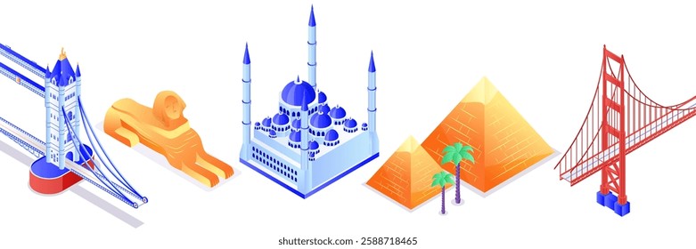 Travel, tourism landmarks 3d isometric design elements set. Vector illustration of Blue Mosque, pyramids, sphinx, Tower bridge, San Francisco. Famous world sights isolated icons