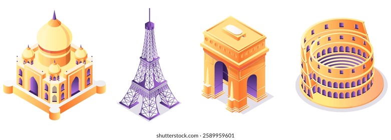 Travel, tourism landmarks 3d isometric design elements set. Vector illustration of Taj Mahal, Eiffel Tower, Colosseum. Famous world sights isolated icons