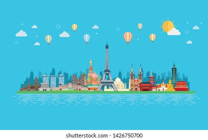 Travel and tourism. Landmarks and famous places on tropical island. Vector illustration