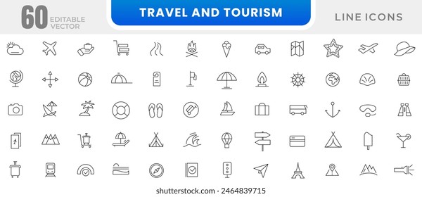 Travel and tourism line icon set. Airplane, trip, beach, passport, summer vacations, luggage, camping, hotel, entertainment simple icon collection. Outline icon collection. Thin outline icons pack.