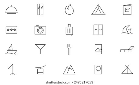 Travel and tourism line icon set. Airplane, trip, beach, passport, summer vacations, luggage, camping, hotel, entertainment simple icon collection. Outline icon collection. Thin outline icons pack.