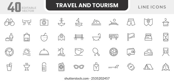 Travel and Tourism line icon set.  travel, types of tourism, tourist transport, locations, marker, journey, compass, globe, country, geography line icon set. UI thin line icon pack.