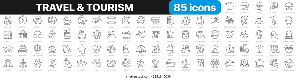Travel and tourism line icons collection. Hotel, museum, airport, trip icons. UI icon set. Thin outline icons pack. Vector illustration EPS10