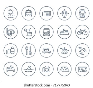 Travel, tourism line icons on white, recreation, journey, trip, tour, vacation, cruise, diving