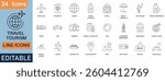 Travel and tourism line icons set, including airplane, passport, globe, hotel, car, train, travel luggage, tour guide, beach umbrella, sun, map, hiking, cruise ship, rental, world tour, and more.