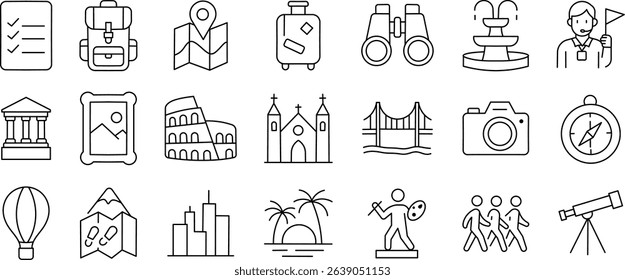 Travel and Tourism Line Icons Set – Landmarks, Maps, and Vacation Elements.