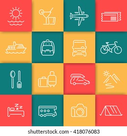 Travel, tourism line icons set, recreation, trip, tour, journey linear pictograms, icons on color squares, vector illustration