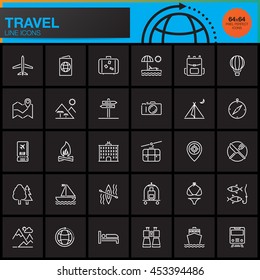 Travel and tourism line icons set, outline vector symbol collection, linear pictogram pack isolated on black, logo illustration